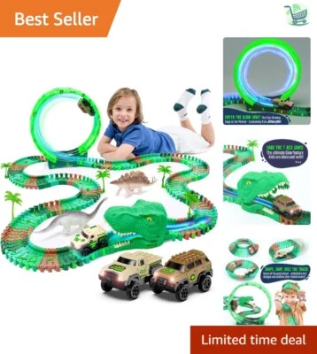 Dinosaur Jurassic Race Track Glow Set - 144 Pieces with Battery-Powered Vehicles - Image 1 of 4