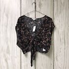 American Eagle Women Black Floral Babydoll Tie Front Sleeveless Crop Top L