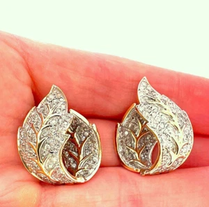 Diamond Hoop Earrings 14K Gold Inside Outside Diamond Hoops Pave Diamond Leaf - Picture 1 of 12