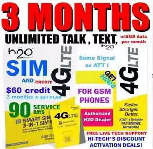 H2O Wireless 3GB 5G Data Unlimited Minutes/Text AT&T 3 Months Included+SIM Card - Picture 1 of 1