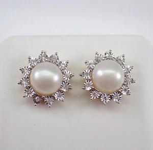 Gelbgold Perle und Diamant Halo Ohrstecker Juni Edelstein Schmuck - Bild 1 von 6