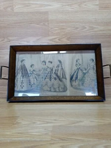 Vintage Wood Framed Serving Tray with 1866 Godey's Fashion Prints Advertisment - Picture 1 of 12