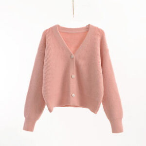 Women Long Sleeve Knit Cardigan Crop Sweater Coat Warm Jacket V Neck Button Top