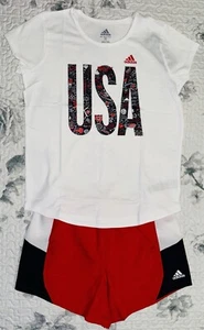 Girls Adidas White/Red/Blue “USA” T-Shirt & Red Shorts Set Sz/ Large (14) - Picture 1 of 7