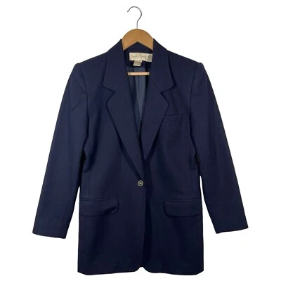 VTG Casual Corner Blazer Womens 4 Pure Wool Button Shoulder Pads Y2K Retro Navy - Image 1 of 4