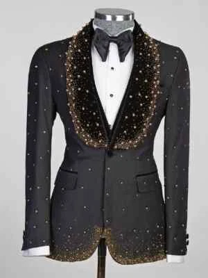 Mens Suit One Button Wide Velvet Lapel Beads Pearls Diamonds Jackets USA Size 44 - Image 1 of 4