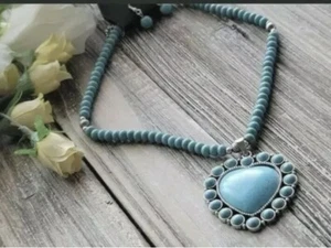 Blue Crackle Stone 💙 HEART Necklace Earrings Set Women + Gift Bag 💙 Adorable - Picture 1 of 8