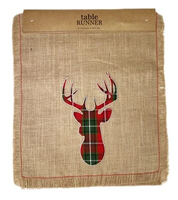 Jute Table Runner Holiday Deer Christmas Plaid 14x72 Country Rustic Primitive - Image 1 of 4