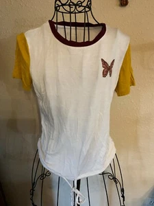 No Boundaries Women's White T-shirt with Gold Short Sleeves Drawstring Tie XS - Picture 1 of 5