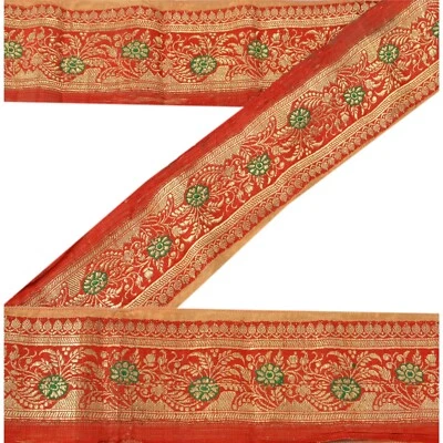 Sanskriti Vintage Sari Border Woven Brocade 1 Yard Trims Craft Sewing Red Lace - Image 1 of 4