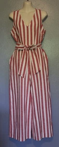 J Crew Red White Chambray Striped V Neck Belted Wide Leg Cropped Jumpsuit 6 - Picture 1 of 7