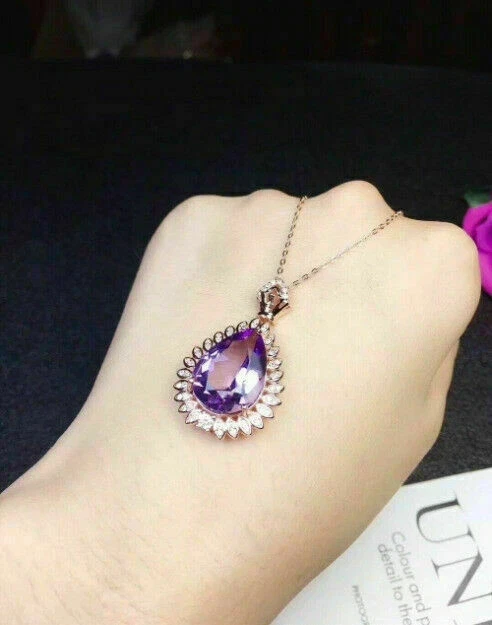Collar Colgante Halo Amatista Corte Pera 3Ct Acabado Oro Rosa 14K Cadena Gratis 18 Foto 1 de 3