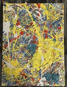 ÚNICA Pintura Estilo Pollock Expresionismo Abstracto Original Goteo Amarillo Azul - Imagen 1 de 6