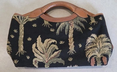 Tapiz Tommy Bahama Vintage + Cuero Negro/Amarillo Palmera Bolso Cartera Foto 1 de 4