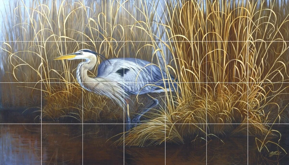 Mural de azulejo salpicadero de cerámica pájaro aves acuáticas - juego en dorado - gran garza azul Foto 1 de 1