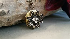 Brass locket, rhinestone flower necklace, bronze, antique style, small - Picture 1 of 4