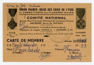 1958 Union Franco - Belge des Croix de l'YSER Carte de membre Fourcade 1914-1918 - Picture 1 of 2
