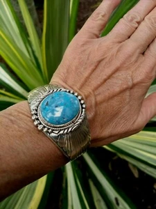 Brazalete Navajo Firmado Kingman Turquesa Plata de Ley Elouise Kee - Imagen 1 de 11