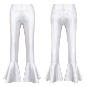 Girls Metallic Flared Pants Bell Bottoms Ruffle Dance Performance Yoga Leggings - Picture 1 of 79