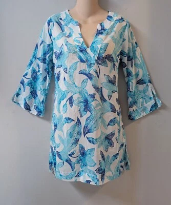 Túnica Helen Jon Estampada Algodón Seda Ropa de Playa Cubrir Floral Azul Blanco S Foto 1 de 4