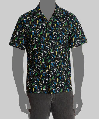 $230 A.P.C. Men's Black Print Short Sleeve Dress Button-Up Shirt Size L - Imagem 1 de 3