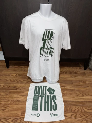 2022 Milwaukee Bucks Round 2 NBA Playoffs Towel& Let’s Go Bucks T-Shirt XL SGA Cover