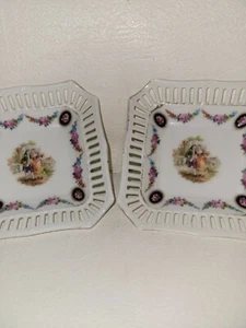 Coppia di bigiotteria vintage Baviera Germania corteggiamento coppia rose drappo piatto ceramica  - Foto 1 di 6