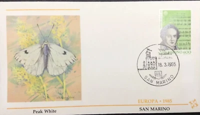 peak WHITE BUTTERFLY SAN MARINO EUROPA 1985 FLEETWOOD CACHET FDC UNADDR - Image 1 of 2