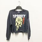 Smiley World NWT Women's L Gray Spooky Crewneck Cropped Pullover Sweatshirt
