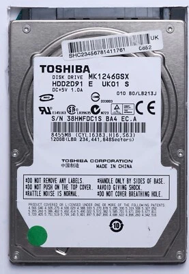 Toshiba 120GB SATA 2.5" Laptop HDD Model MK1246GSX P/N HDD2D91 E UK01 S - Image 1 of 2