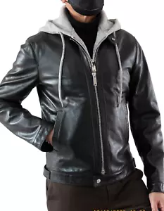 DSQUARED2 BNWT CAFE RACER HOODIE-INSERT CALF LEATHER JKT-BLACK EU50/US40/L (L-) - Picture 1 of 10