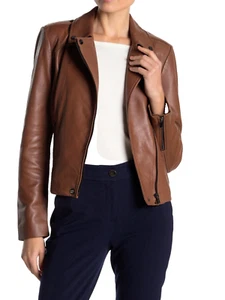Badgley Mischka Women Cognac Genuine Leather Biker Jacket Gunmetal Hardware Sz S - Picture 1 of 3