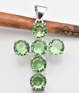 "Brilliant Green Amethyst Gemstone Cross Pendant – Sterling Silver Handmade Desi - Picture 1 of 4