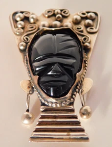 Vtg. Sterling Silver Carved Black Onyx Face Mask Pin Brooch Taxco Mexico 41g 3" - Picture 1 of 3