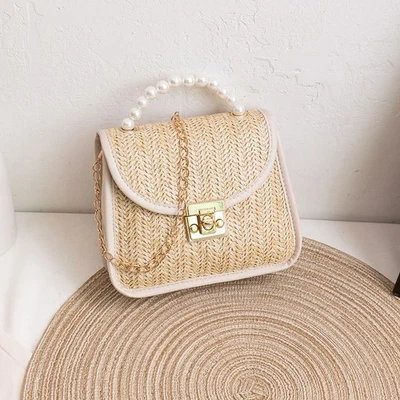Ladies Summer Straw Bag Rattan Wicker Handbag Pearl Crossbody Beach Shoulder Bag - Image 1 of 4