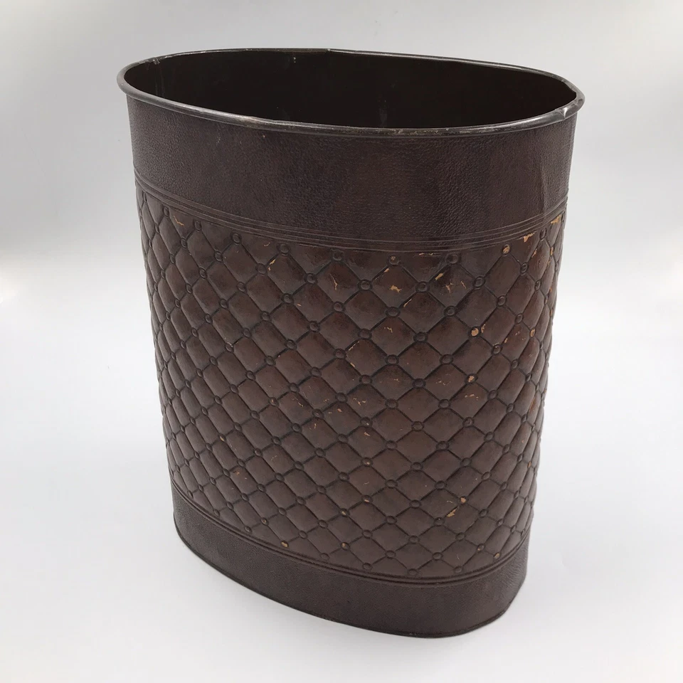 Vintage Faux Leather Trash Can 12 1/2 x 10 x 7 1/2 in Waste Bin Retro Bathroom - Image 1 of 4