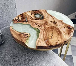 Round White Resin Epoxy Resin Coffee Table Top Luxurious Wooden Furniture Decors - Picture 1 of 9