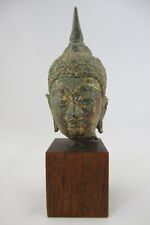 BUDDHA HEAD METAL/GOLD PAINTED CLAY on Wood-Block 5" THAILAND BUDDHISM Vintage