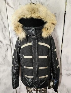Emmegi Jacke schwarz Gr 38 Ski Winter Jacket Pelz Kapuze Warm Luxus Echtfell Neu - Bild 1 von 18