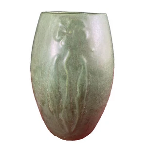Vaso 9" vintage anni 30 Zanesville OH gres arte ceramica verde opaco floreale - Foto 1 di 8