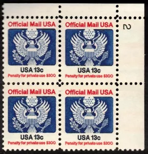 US Scott O129 posta ufficiale ~ 13 centesimi ~ 12 gennaio 1985 ~ blocco targa ~ VF NH OG - Foto 1 di 1