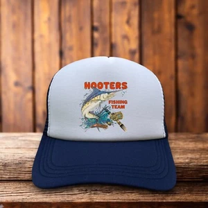 Hooters Fishing Team Mens Trucker Hat Navy Snapback 80s Retro Logo Baseball Cap - Picture 1 of 6