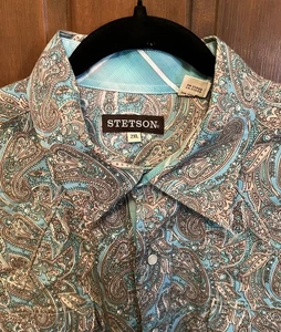 Stetson Hemd Herren 2XL Blau Geometrisch Paisley Western Perlen Druckknopf Cowboy - Bild 1 von 6