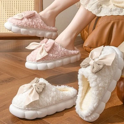 Chinelos de pele quente inverno para mulheres fofos casa arco antiderrapante sapatos macios conforto fl - Imagem 1 de 4