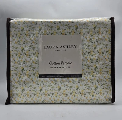 Laura Ashley Queen Evie 床单套装黄色花卉 4 件套农舍棉 Percal — 第 1/4 张图片