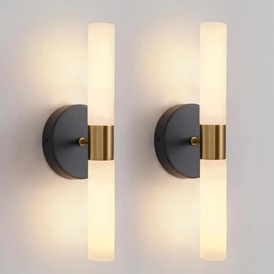 Wall Sconces Set of Two Black and Brass Lamp Sconces Lighting with White Glass - Image 1 of 4