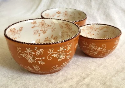 Temp-tations FLORAL LACE SPICE Ceramic Set of 3 NESTING BOWLS - 4", 5", 6" - Image 1 of 4