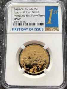 2019 $8 CANADA GOLD PLATE GILT SILVER NGC SP69 GOLDEN PANDA FIRST DAY ISSUE - Picture 1 of 2