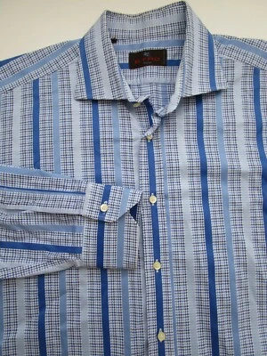 Camisa masculina 42 Etro Milano LS botão 100% algodão listrada azul Itália - Imagem 1 de 4