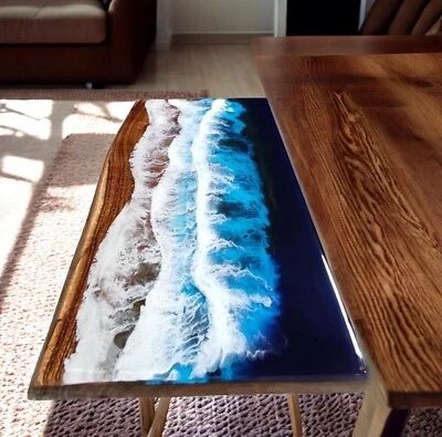 Ocean Wave Epoxy Live Edge River Dining Table Kitchen Countertop Luxury Home Dec - Image 1 of 4